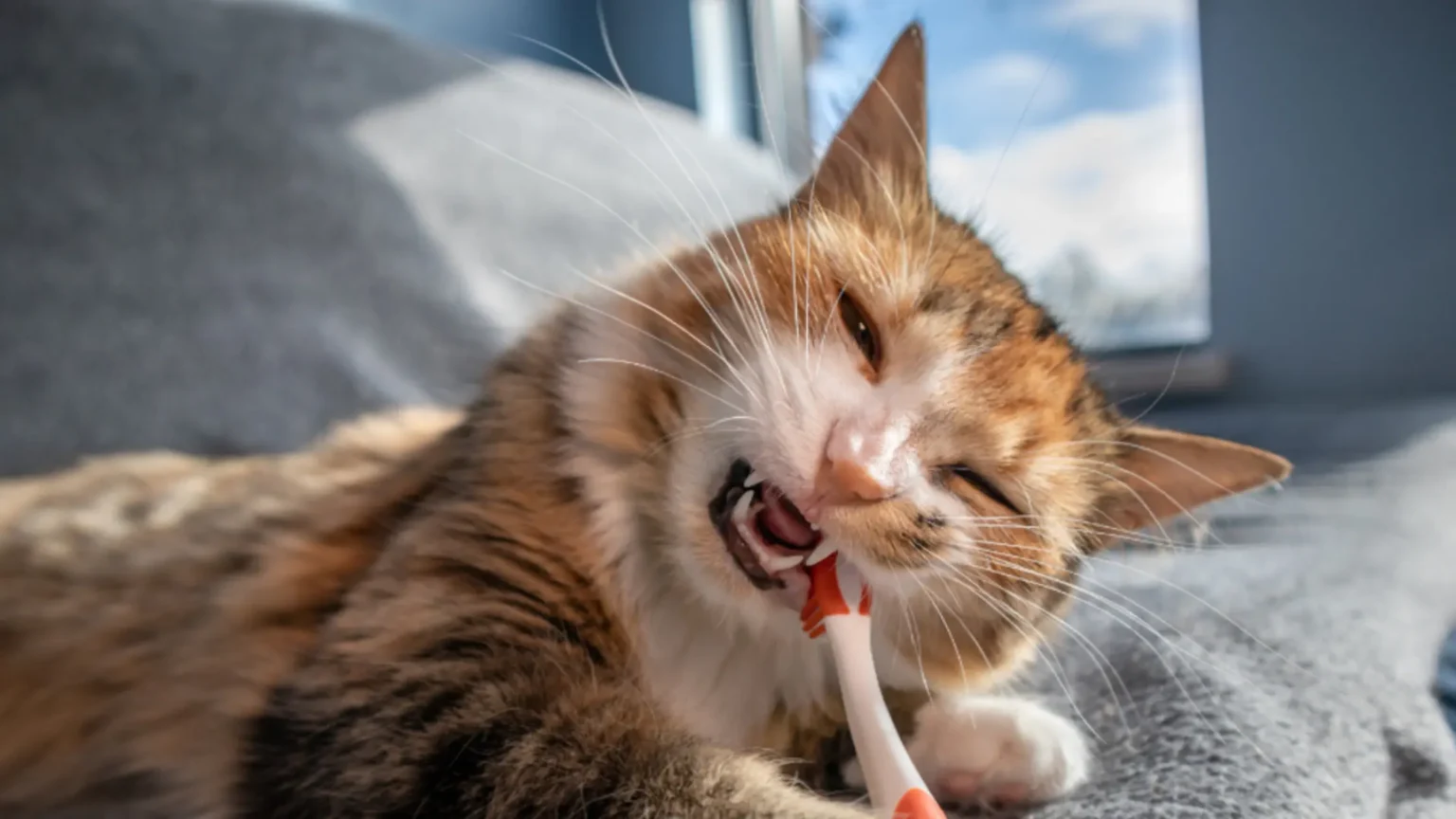 A calico cat with orange, white, and brown fur happily getting its teeth brushed with a small, orange-tipped toothbrush.