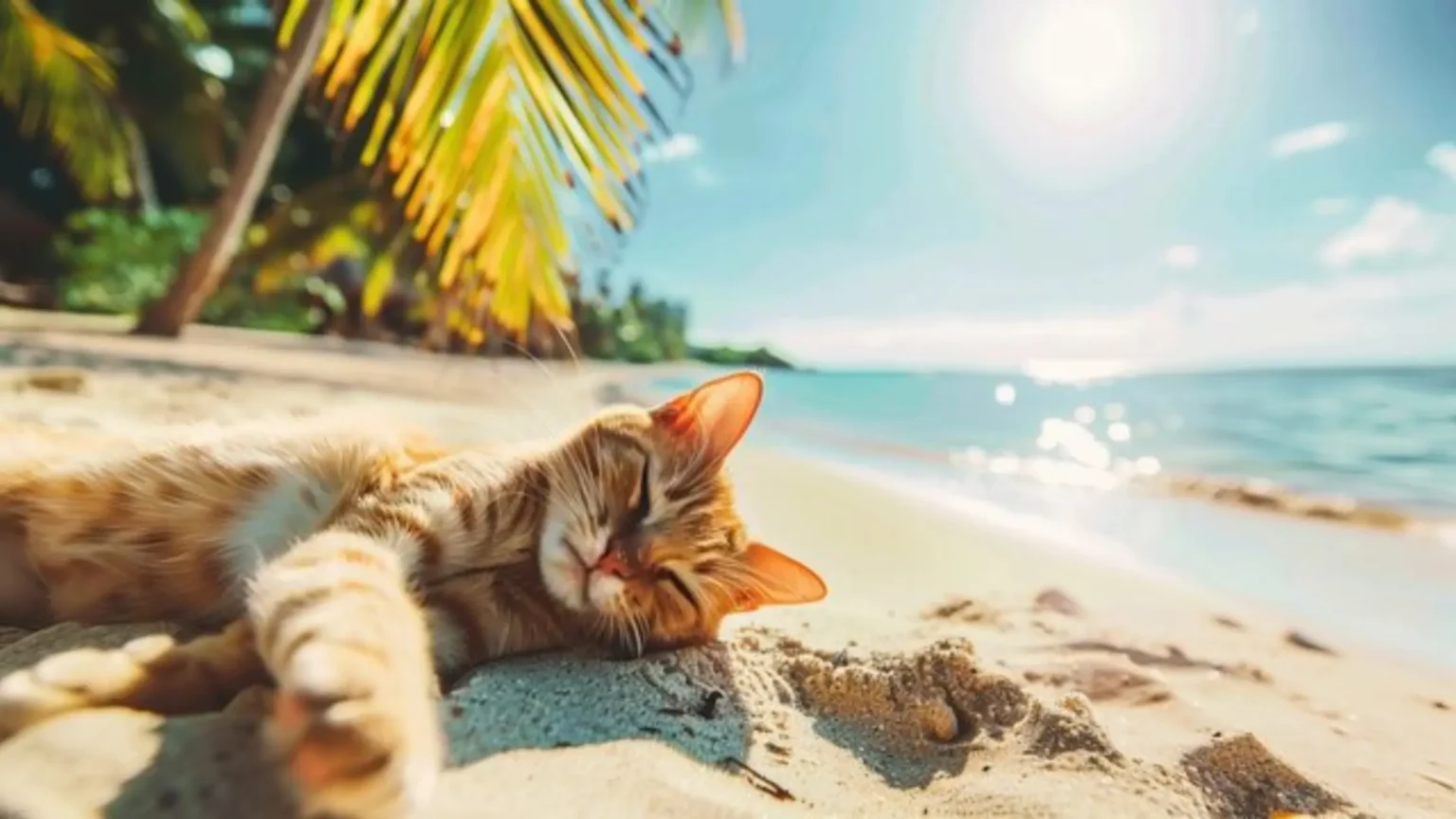 An orange tabby cat is sound asleep on a sandy beach next to the ocean, with palm trees in the background. The sun is bright in the sky, highlighting the peaceful scene. The image makes one wonder what temperature is too hot for cat to be comfortable in such a sunny environment.